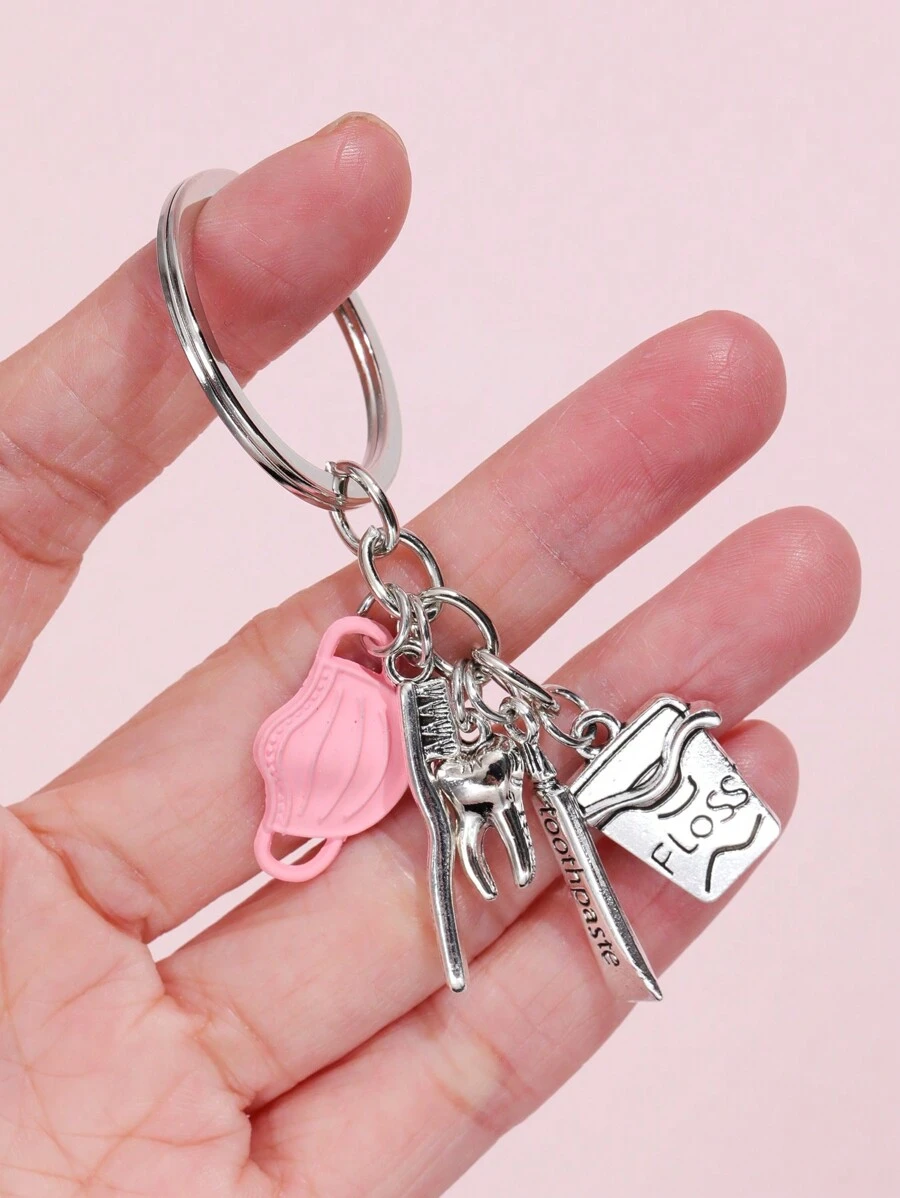 1pc Dentist Keychain Mask Toothpaste Toothbrush Combination Pattern Keyring Pendant Bag Accessory Key Chain Charms Scrubs Nurse Pins - Silver - View 1