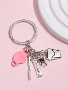 1pc Dentist Keychain Mask Toothpaste Toothbrush Combination Pattern Keyring Pendant Bag Accessory Key Chain Charms Scrubs Nurse Pins - Silver - View 4