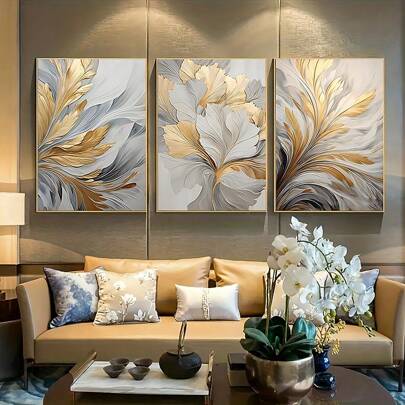 3pcs/Set Luxury Canvas Print Posters, Golden And White Leaves Canvas Wall Art Paintings, Artwork Wall Painting For Living Room Bedroom Bathroom Office Hallway Wall Decors, No Frames, Modern Canvas Wall Art, Posters For Room, Room Decoration Stuff, Home Decor ,Room Decor Aesthetic, Western Decor
