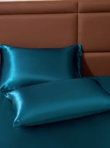 3pcs Simple Fashion Solid Color Satin Pillowcase Set - Sea Blue - View 9