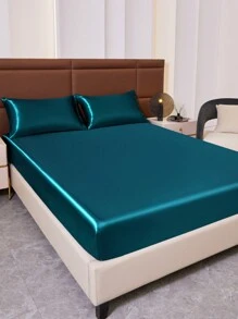 3pcs Simple Fashion Solid Color Satin Pillowcase Set - Sea Blue - View 1