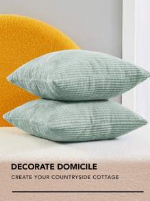 2 Pcs Soft Corduroy Throw Pillow Covers With Invisible Zipper For Living Room, Machine Washable Solid Cushion Covers With Stripes, Durable Pillow Case For Bedroom,Set Of 2 - 薄荷綠 - 查看 4