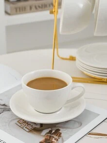 6 Cups & 6 Saucers Set With A Holder, Made Of Ceramic, Suitable For Office And Family Gathering - White - View 4
