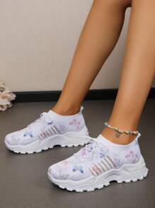 女士針織舒適休閒路徑鞋，蝴蝶厚底運動鞋，透氣防滑全配運動跑步鞋 - 彩色 - 查看 4