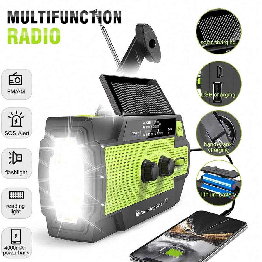 Radio solaire d'urgence, 4000mAh Radio AM/FM/NOAA portable à manivelle avec lampe de lecture à 3 modes et détecteur de mouvement, chargeur de téléphone portable, alerte SOS pour l'extérieur, le camping et la randonnée - Vert - Voir 1