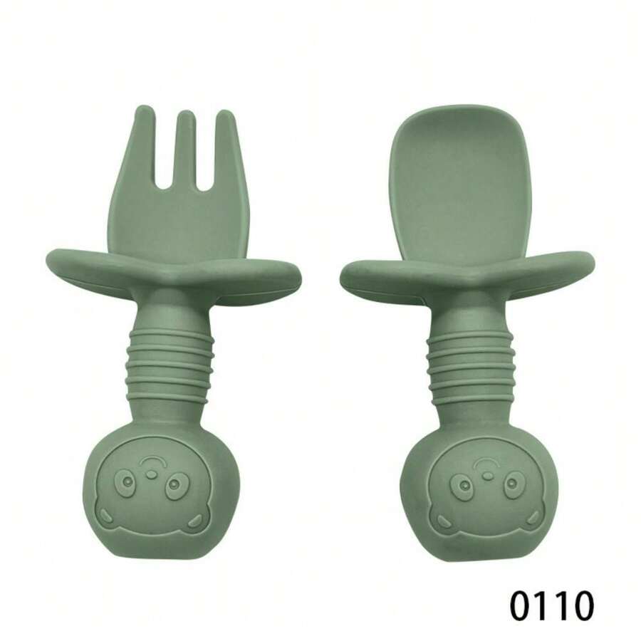 Set de 2 cucharas y tenedores de silicona con mango corto para bebés y niños pequeños, cubiertos de entrenamiento para la alimentación, flexibles y disponibles en varios colores - Verde - Ver 1