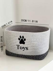 1pc Woven Rope Pet Storage Basket With Dog Paw Print Pattern, Multifunctional Organizer For Pet Toys And Accessories - Grey - View 2