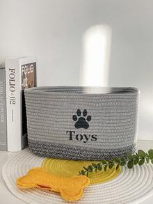 1pc Woven Rope Pet Storage Basket With Dog Paw Print Pattern, Multifunctional Organizer For Pet Toys And Accessories - Grey - View 6