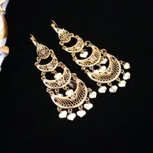 1入組手鍊+1對耳環珠寶套裝,適用於阿拉伯女性,包括配有流蘇的寬手環和心形墜飾耳環,是送給母親的完美禮物 - 金色 - 查看 2