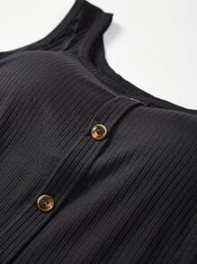 Faux Buttoned Fashionable Knit Tank Top & Bra Set For Women, Wide Strap Inner-Outer Wear - Black - View 5