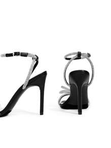 Women Bowknots Crystal Heeled Sandals Fashion Square Toe Rhinestone Decor Ankle Strap Heels For Sweet-Meets-Sassy Styles, For Autumn Party Wedding Prom - 黑色 - 查看 4