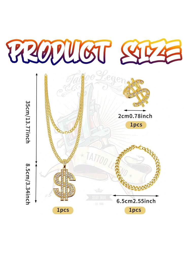 5-Piece Hip Hop Costume Set - 80s/90s Gold Chains, Dollar Necklace,  Bracelet, Rings & Sunglasses For Parties Rapper Costume