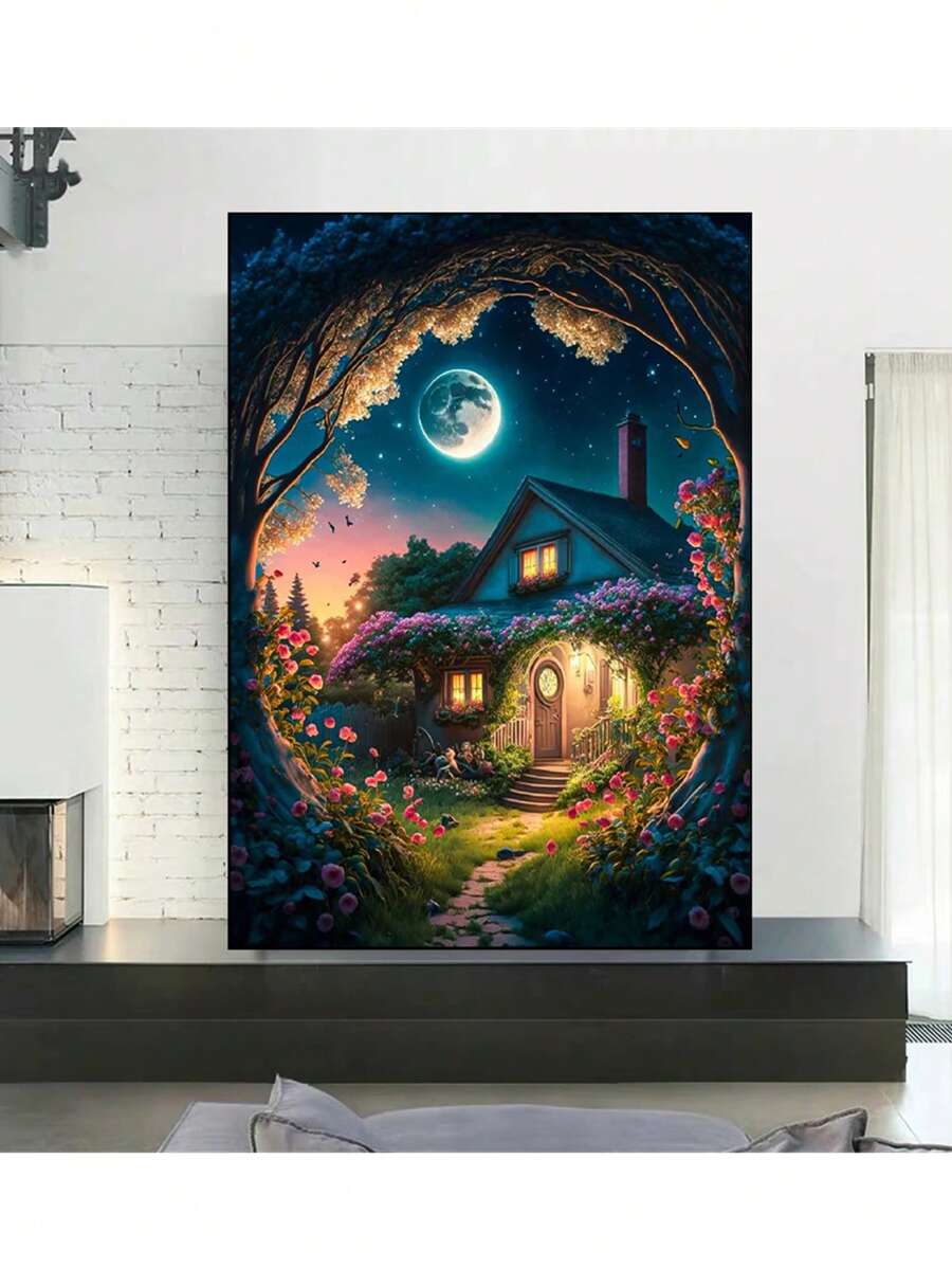 5d Diamond Painting Moon Garden Cottage Scenery Mosaic Round Diamond Embroidery Wall Decor Artwork Handicraft - Multicolor - View 1
