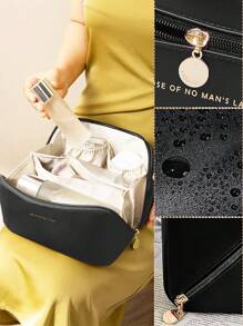 化妝包女性便攜式旅行防水收納手提袋pu皮革化妝包組織器美容包手提包化妝袋pu皮革 - 黑色 - 查看 3