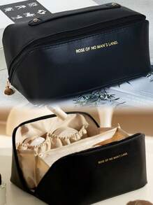 化妝包女性便攜式旅行防水收納手提袋pu皮革化妝包組織器美容包手提包化妝袋pu皮革 - 黑色 - 查看 5