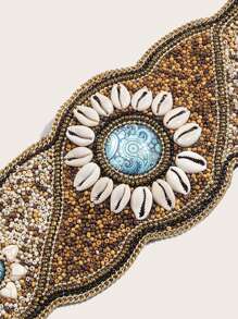 1 件新款波西米亞風格串珠黃麻繩貝殼裝飾時尚女式寬腰帶 - 彩色 - 查看 3