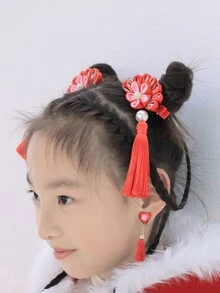 1入組中式復古女孩髮夾公主長流蘇頭飾兒童紅色傳統花朵發飾新年髮飾 - 紅色 - 查看 6