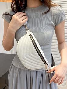 Pu閃亮面料,中性款時尚條紋設計單肩包、斜跨包、腰包、胸包 - 白色 - 查看 4