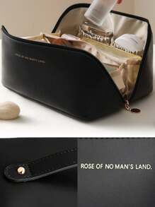 化妝包女性便攜式旅行防水收納手提袋pu皮革化妝包組織器美容包手提包化妝袋pu皮革 - 黑色 - 查看 4