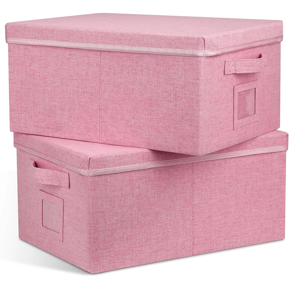 22.8qt Closet Storage Boxes With Lids Pink Canvas Folding Keepsake Storage Bins Stackable Flat Lidded Carboard Storage Contaner For Clothes Shoes, 2 Pack - White - View 1