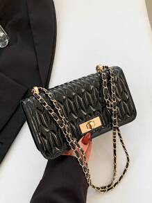 拼接鑲鑽圖案鏈帶肩背包 - 黑色 - 查看 6