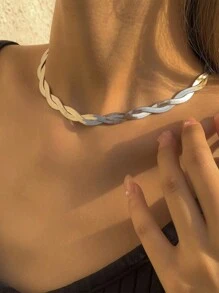 1pc Double Layers Woven Silver Stainless Steel Necklace - Silver - View 15