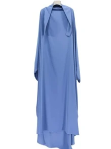 1 件女士纯色 Nida 面料透气柔软宽松舒适长袍，系带设计，方便穿着，祈祷吉尔巴布长袍 - 霧霾藍 - 查看 2