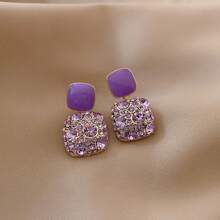 1pair Simple & Personalized High-End Purple Square Shape Full Diamond Earrings - Square - View 3
