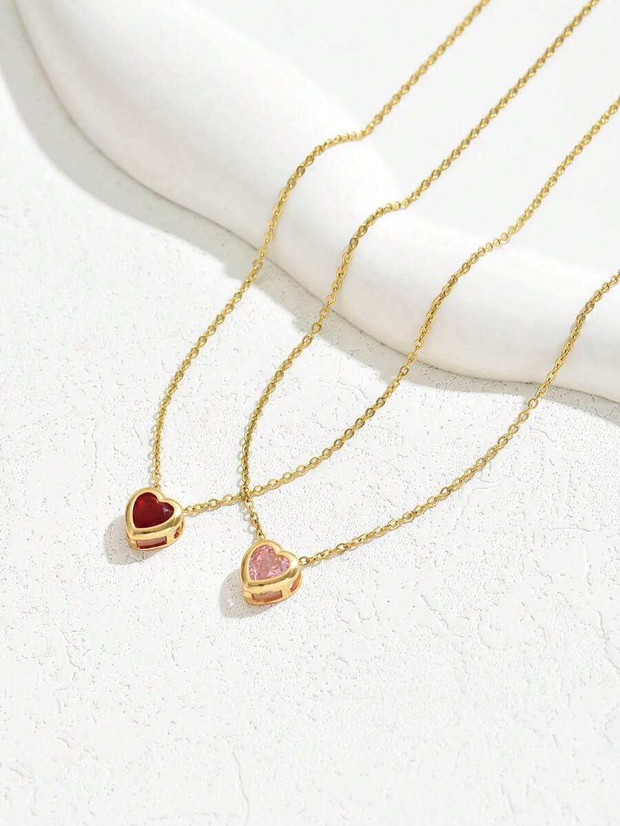 1件可调节水晶心形吊坠项链，优雅法式风格项链，情人节、姐妹送礼佳品。 - 紅色 - 查看 1