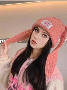 1pc Winter Korean Style Cute Long Rabbit Ear Woolen Hat For Women, With Letter Patchwork, Knitted Cap Which Is Warm, Suitable For Outdoor Activities - Black - View 2
