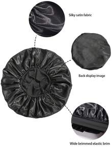 1件女式寬邊實色束髮帽，彈性仿絲緞睡眠帽，適用於長髮、捲髮、厚髮和日常穿著，舒適時尚，護髮帽仿絲緞束髮帽 - 黑色 - 查看 2