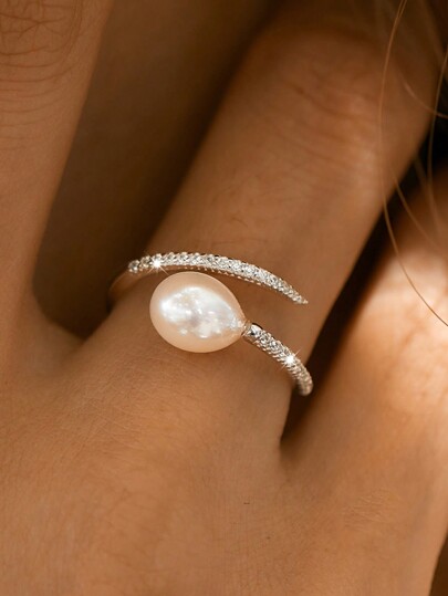 SYMFNY 1 pieza de elegante anillo ajustable de plata esterlina 925 con perlas de agua dulce cultivadas y circonio cúbico para mujeres y niñas, uso diario y de fiesta, joyería de boda y joyería de novia