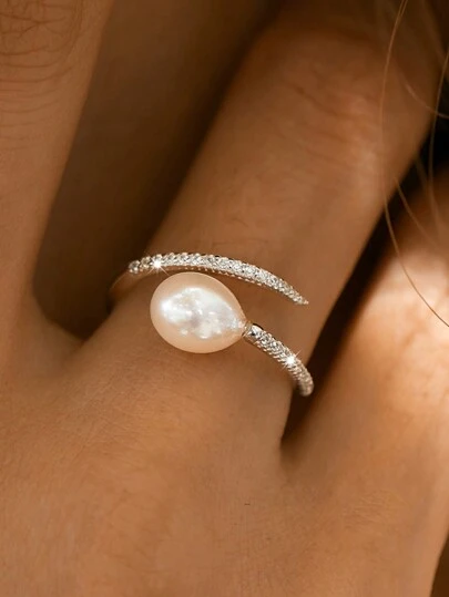 SYMFNY 925純銀優雅設計，帶養殖淡水珍珠和立體方形氧化鋯小戒指，適合女性和女孩日常或派對穿著婚禮飾品新人配飾