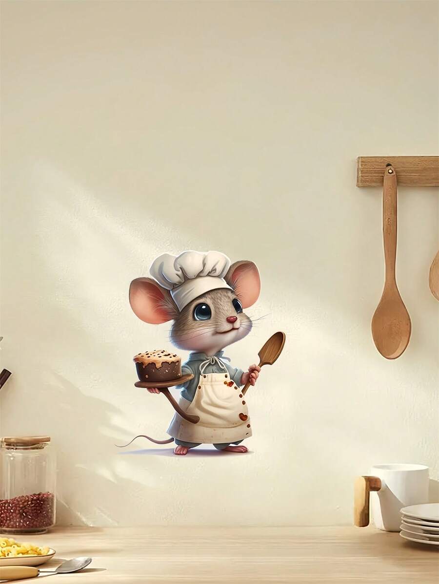 1入組老鼠主廚3d牆貼,客廳臥室廚房樓梯浴室角落貼紙,老鼠可頌美味有趣創意牆貼,有趣又可愛的卡通老鼠牆貼