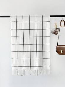 1件女士超大尺寸保暖經典格紋流蘇圍巾,秋冬時尚百搭防風保暖戶外披肩聖誕節配件 - 白色 - 查看 4