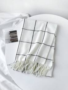 1件女士超大尺寸保暖經典格紋流蘇圍巾,秋冬時尚百搭防風保暖戶外披肩聖誕節配件 - 白色 - 查看 2