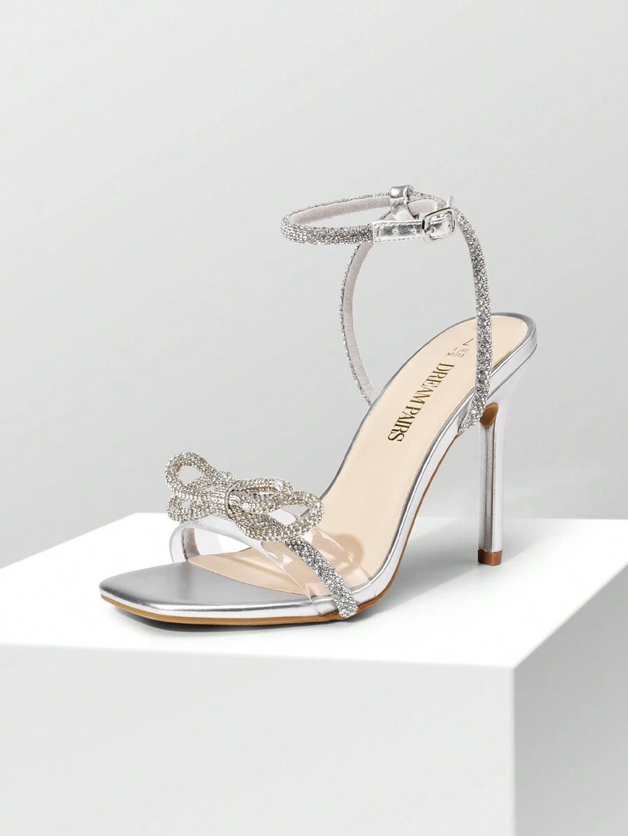 Women Bowknots Crystal Heeled Sandals Fashion Square Toe Rhinestone Decor Ankle Strap Heels For Sweet-Meets-Sassy Styles, For Autumn Party Wedding Prom - 銀色 - 查看 1