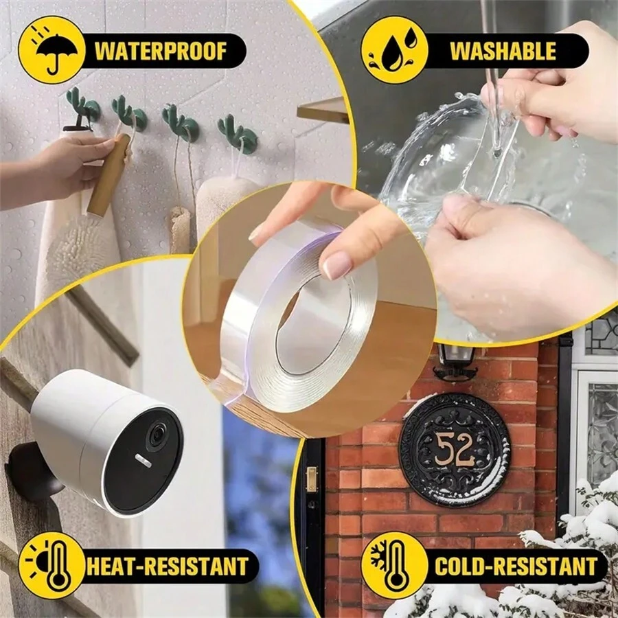 1捲耐用納米膠帶,採用強韌材料製成,承重2.2磅,不會在表面上留下殘留物或損壞,可水洗和重複使用。透明設計使其隱形,不會影響您的物品或表面的外觀。適用於家庭、辦公室或汽車使用。 - 透明無痕奈米雙面膠*3.28英尺 - 查看 1