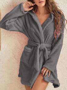 1pc Women Plush Hooded Bathrobes, Solid Color Short Warm Robes, Valentines & Christmas Gifts - Grey - View 5
