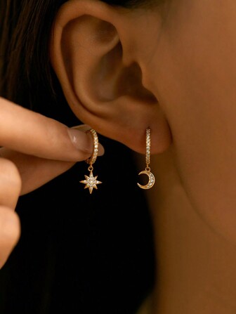 1pair 925 Silver Elegant & Cute Asymmetrical Star & Moon Artificial Pendant Earrings, Suitable For Women's Daily Wear