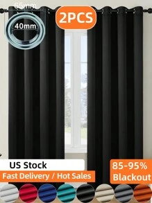 2pcs Blackout Curtains, Outdoor Blackout Curtains, Home Blackout Curtains, Cafe Curtains, Room Decor Curtains, Outdoor Decor Curtains, Window Decor Curtains, Black Curtains, White Curtains, Blackout Curtains, Thermal Insulation Curtains, Room Darkening, Solid Color Polyester Blend Polyester Fiber Bedroom Living Room Balcony Grommet Curtains - Black - View 1