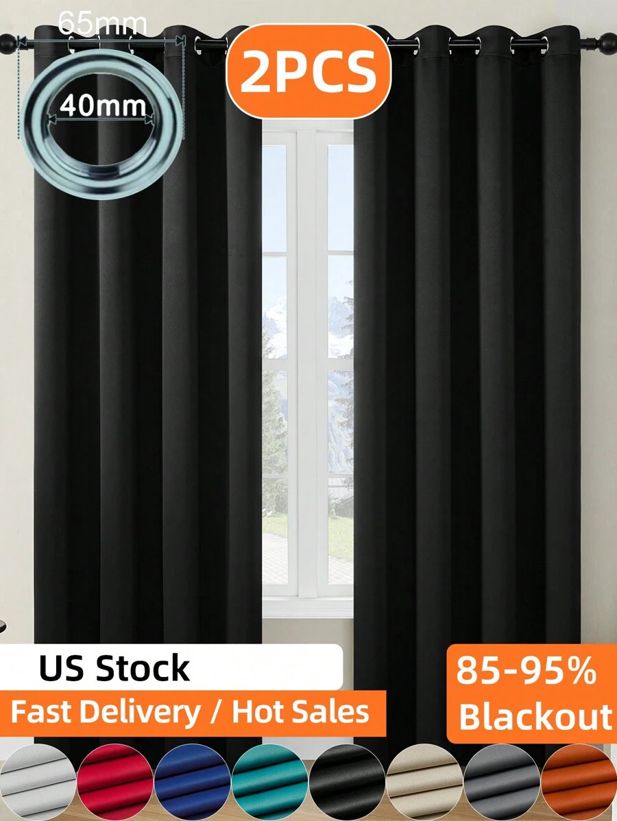 2pcs Blackout Curtains, Outdoor Blackout Curtains, Home Blackout Curtains, Cafe Curtains, Room Decor Curtains, Outdoor Decor Curtains, Window Decor Curtains, Black Curtains, White Curtains, Blackout Curtains, Thermal Insulation Curtains, Room Darkening, Solid Color Polyester Blend Polyester Fiber Bedroom Living Room Balcony Grommet Curtains - Black - View 1