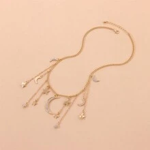 1pc All Diamond-Filled Gold-Color Women's Necklace Pendant With Tassel & Star Moon Design, Versatile For Any Occasion & Suitable As An Gift To Girlfriend - Full Diamond Star Moon Tassel Pendant - View 4