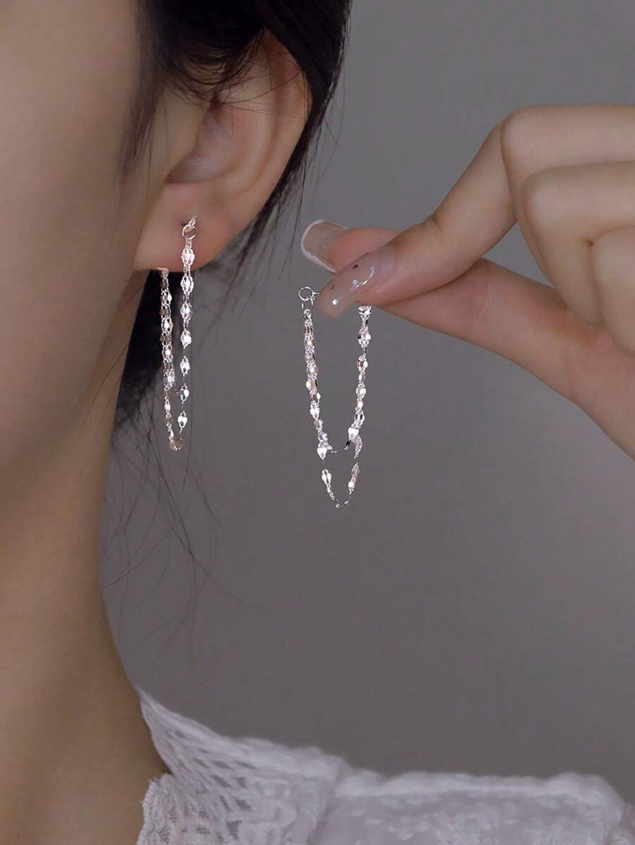 1pair S925 Silver Chain Style Front Back Earrings Holiday - Silver - View 1