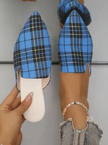 Plus Size Women's Blue & Black Plaid Low Vamp Flat Mule, Spring Summer Fall Daily Slip-On Loafers, Women's Flat Shoes - Multicolor - View 5