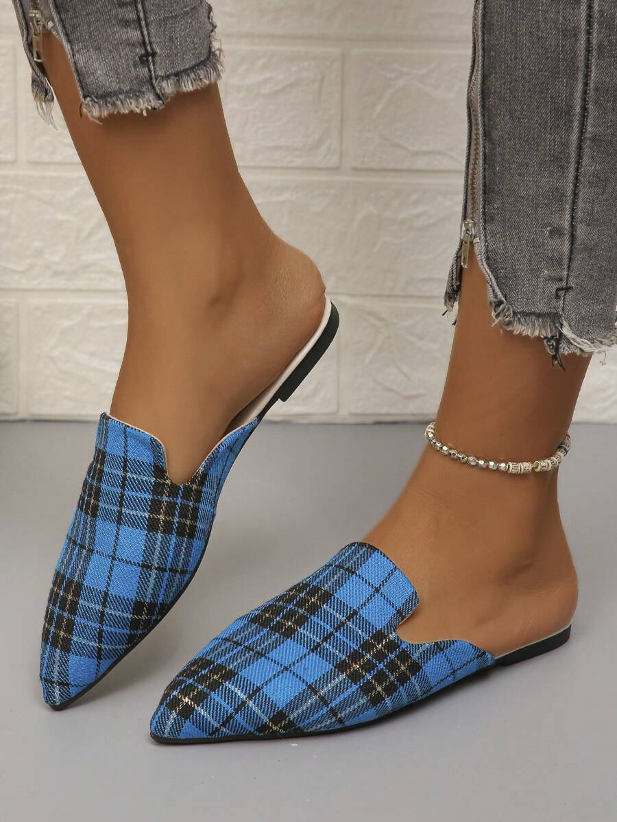 Plus Size Women's Blue & Black Plaid Low Vamp Flat Mule, Spring Summer Fall Daily Slip-On Loafers, Women's Flat Shoes - Multicolor - View 1