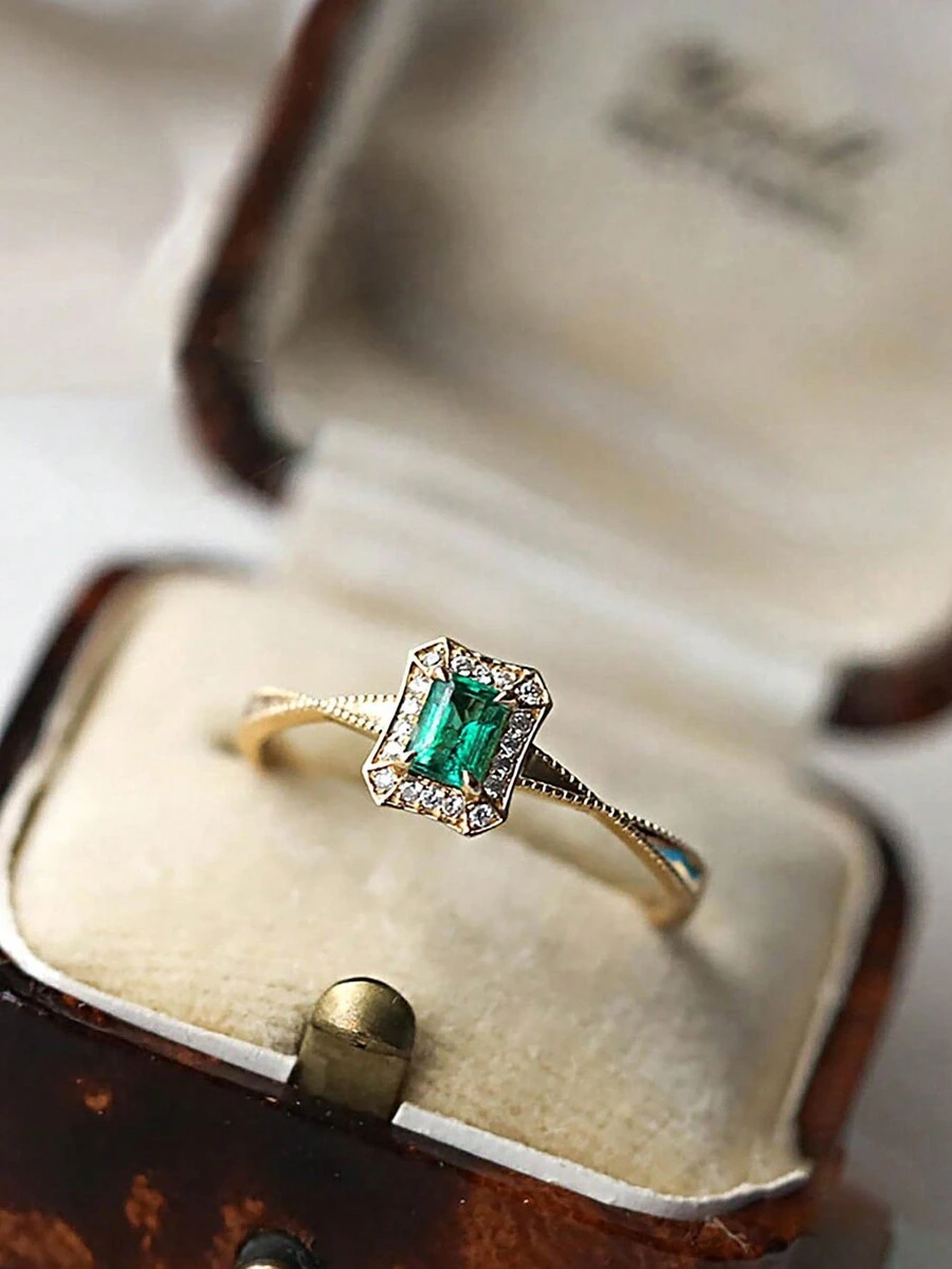 Stylever 1入組幾何綠色水鑽戒指復古女式 925 純銀方形光環精美珠寶禮品女士首飾承諾戒指