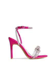 Women Bowknots Crystal Heeled Sandals Fashion Square Toe Rhinestone Decor Ankle Strap Heels For Sweet-Meets-Sassy Styles, For Autumn Party Wedding Prom - 玫紅色 - 查看 4