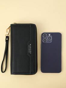 女用 Pu 皮長皮夾附腕帶,雙拉鍊,字母圖案,純色（相容手機） - 黑色 - 查看 5