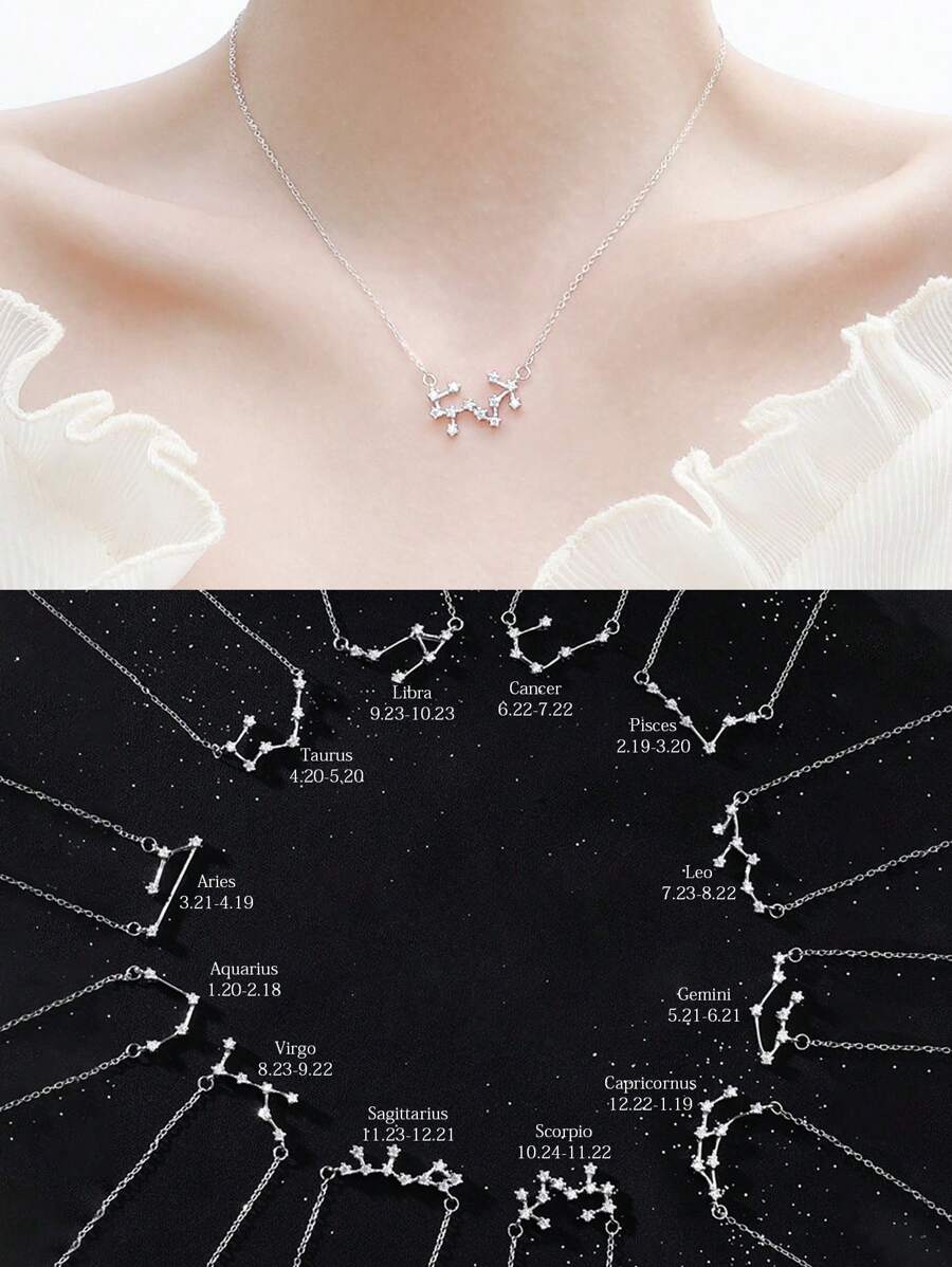 FOREVER QUEEN 925 Sterling Silver Cubic Astrology 12 Constellation Horoscope Zodiac Necklace For Women Birthday Mother's Day Gift